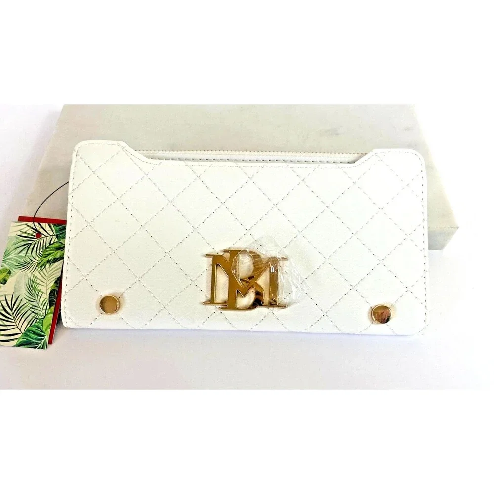 Badgley Mischka Card Wallet WHITE Quilted Zip Coin Purse Snap Designer NWT